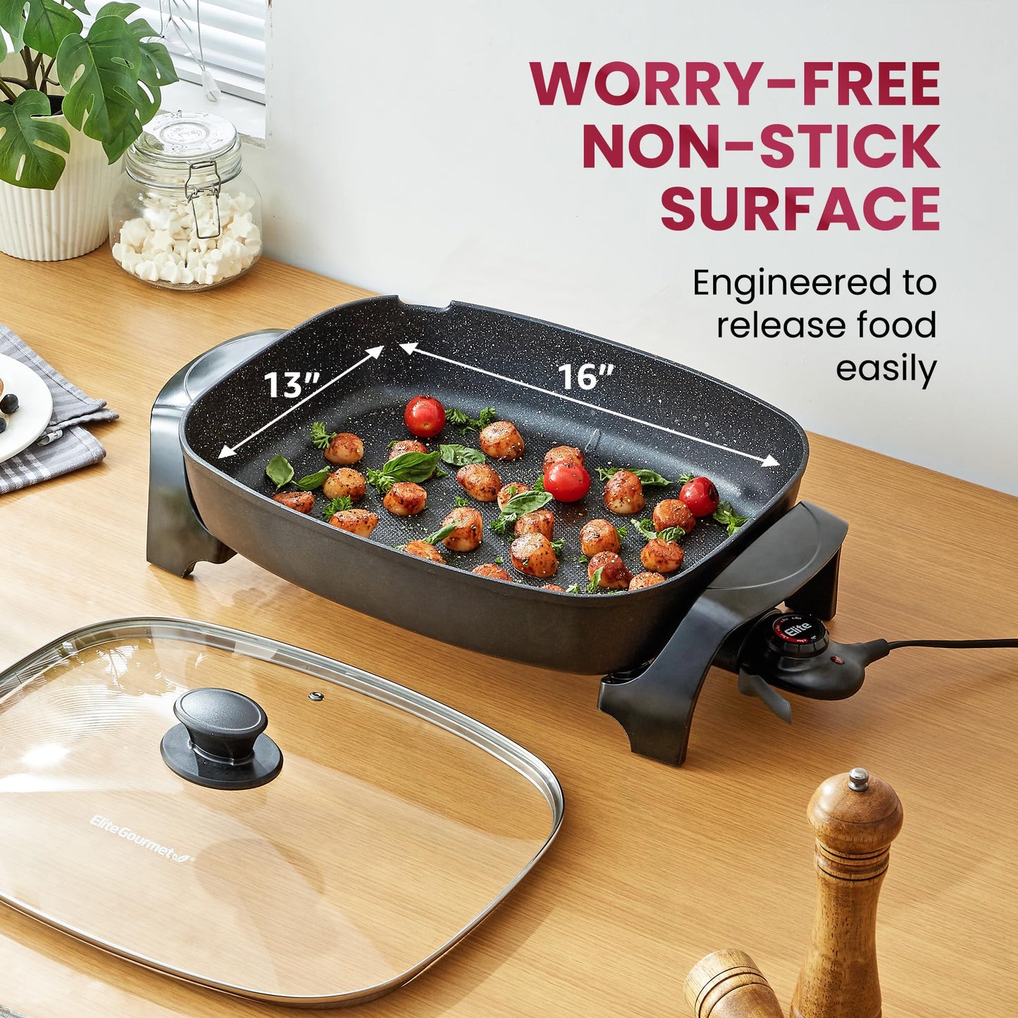 Elite Gourmet EG-6203# Extra Deep 16"x13"x3.2" (10.5Qt.) Scratch Resistant, Easy Pour Spout Dishwasher Safe, Non-stick Electric Skillet with Glass Vented Lid, Adjustable Temperature, Black