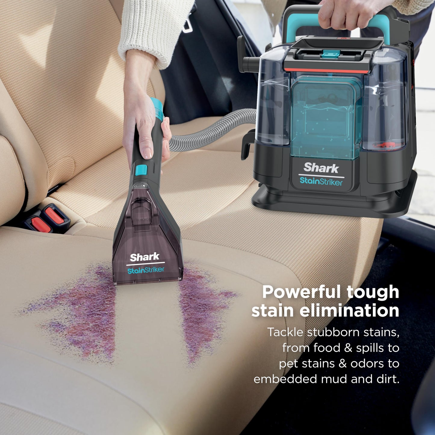 Shark StainStriker Portable Carpet, Upholstery & Area Rug Cleaner with Pet Mess Tool, Stain & Odor Remover, Perfect for Car Interiors, Includes 3 Cleaning Tools & Cleaning Solution, White, PX201
